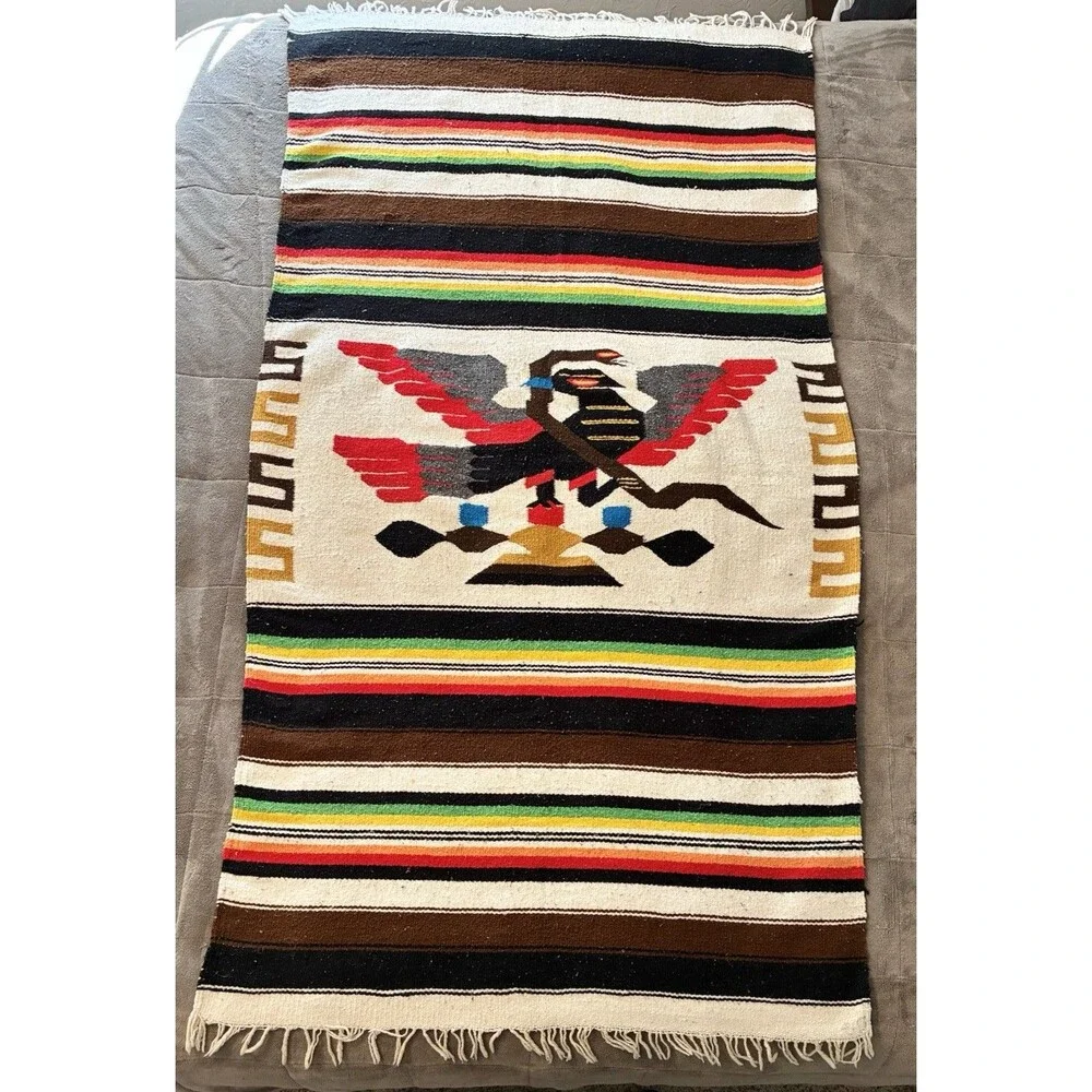 Vintage Mexican Serape Woven Blanket Throw Red Eagle Snake Wool 37x70”